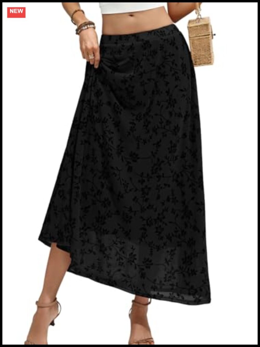 Boho Floral Mesh Maxi Skirt Flowy Ruffle High Waisted Elegant Long Skirt